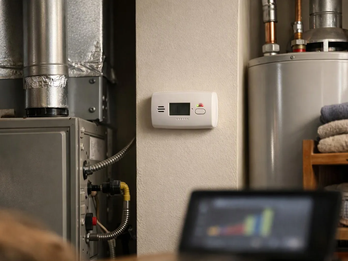 A wall thermostat sits between metal heating equipment and a storage shelf with folded towels