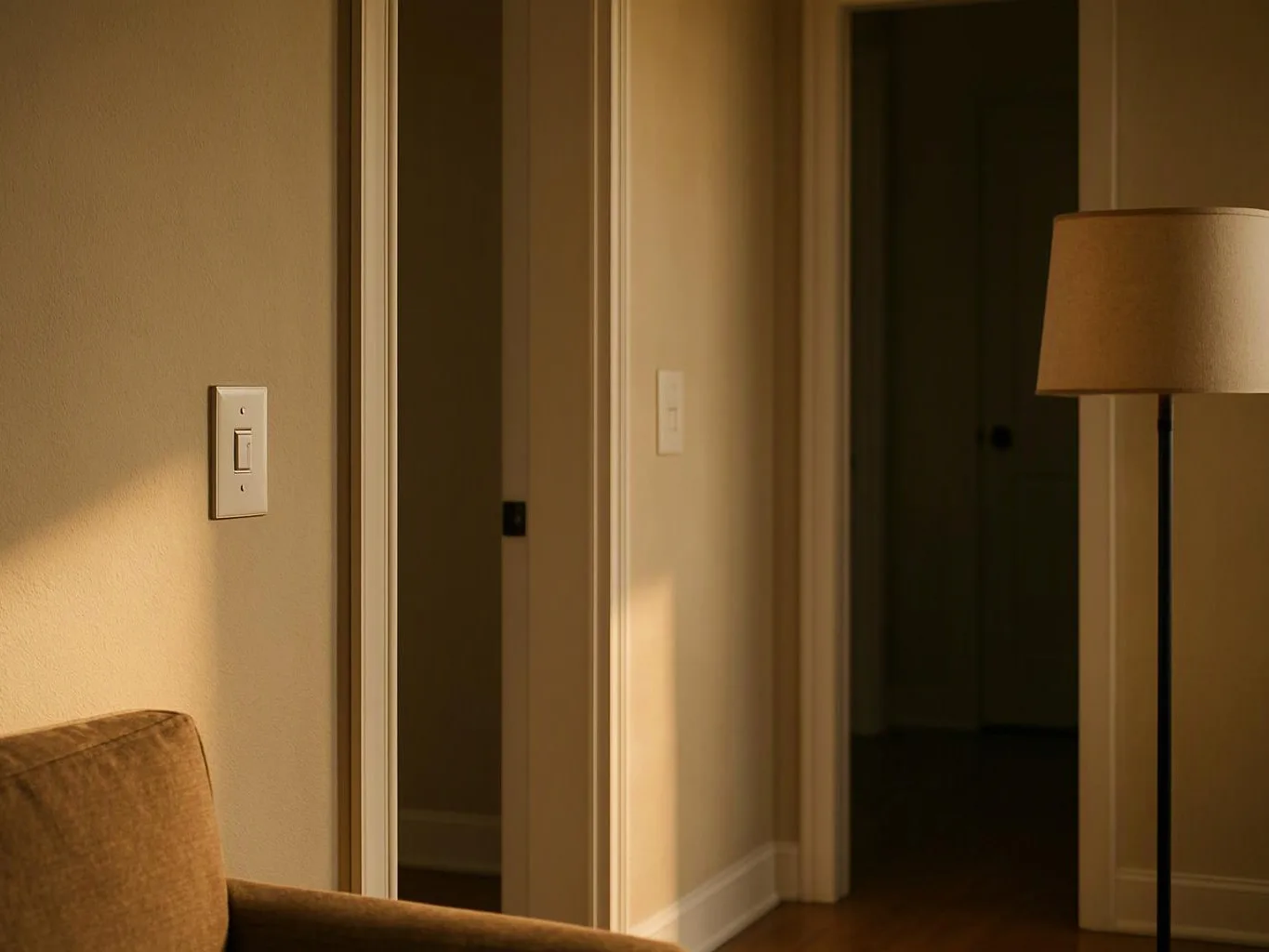 A warmly lit hallway with open doorways, a floor lamp, a wall switch, and part of a couch
