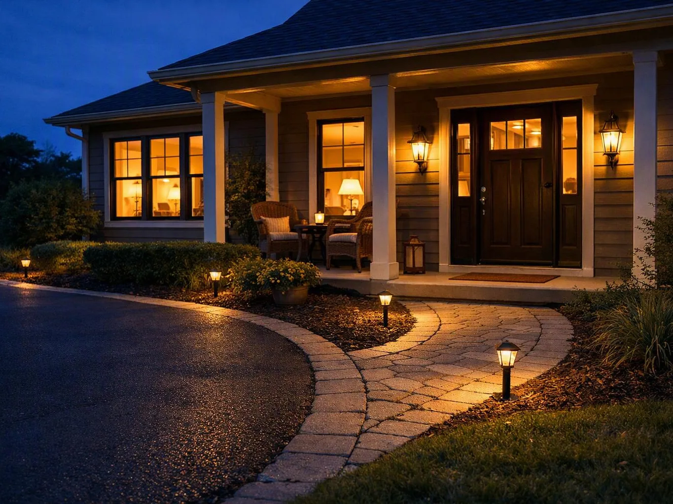 A warmly lit house porch at dusk shows wicker chairs, a dark front door, and a curved stone walkway lined with garden lights
