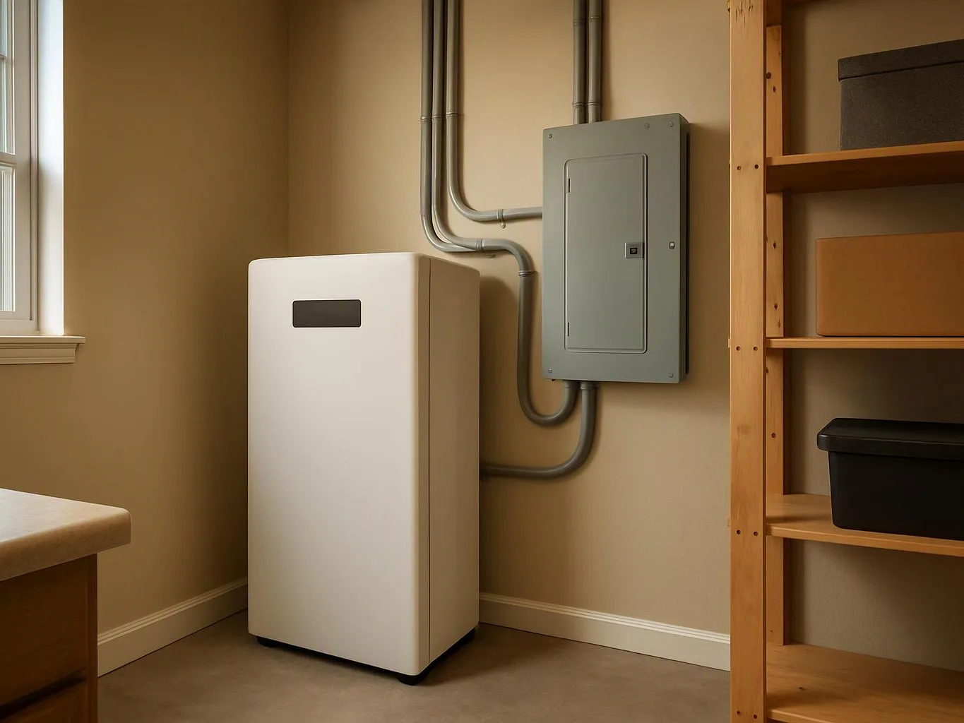 A white appliance stands beside a gray electrical panel with metal conduit in a tidy utility room