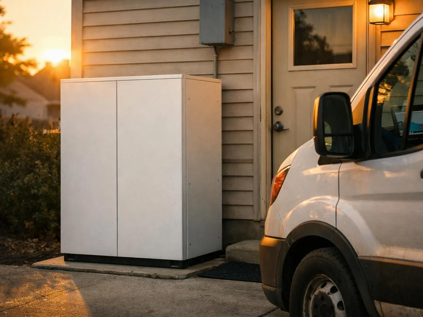 A white cabinet stands by a house door beside a parked white van at sunset