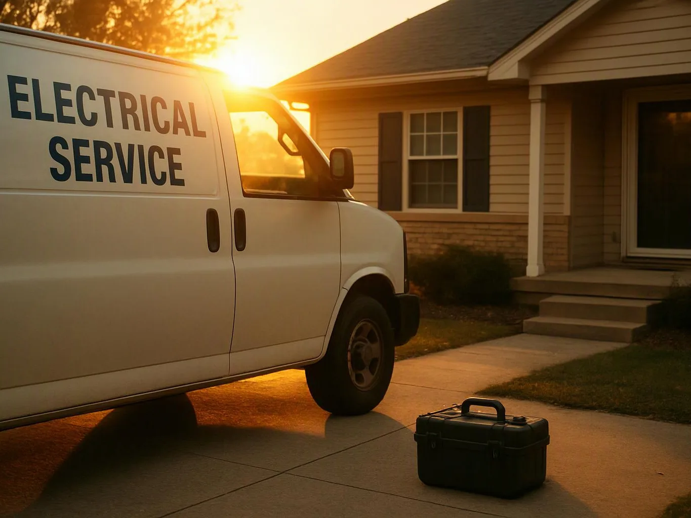 A white electrical service van is parked outside a house at sunset, with a toolbox on the driveway