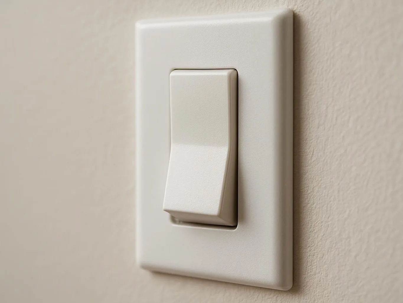 A white wall light switch sits on a beige painted wall with soft shadowing