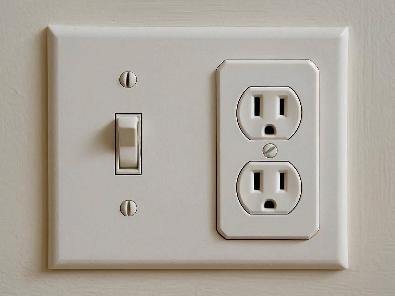 A white wall plate holds a light switch and two electrical outlets on a beige wall