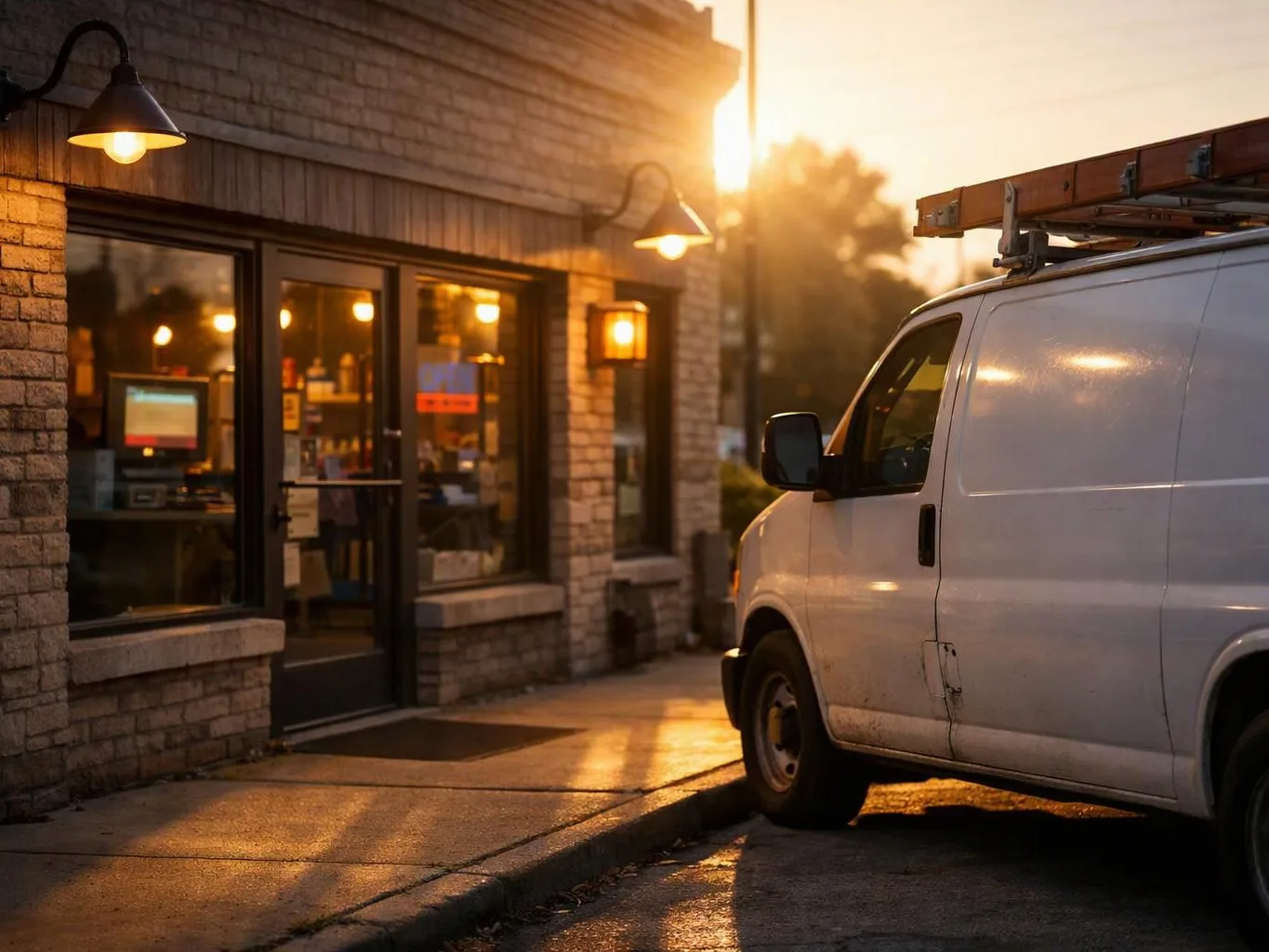 A white work van with a ladder is parked beside a brick storefront at sunset