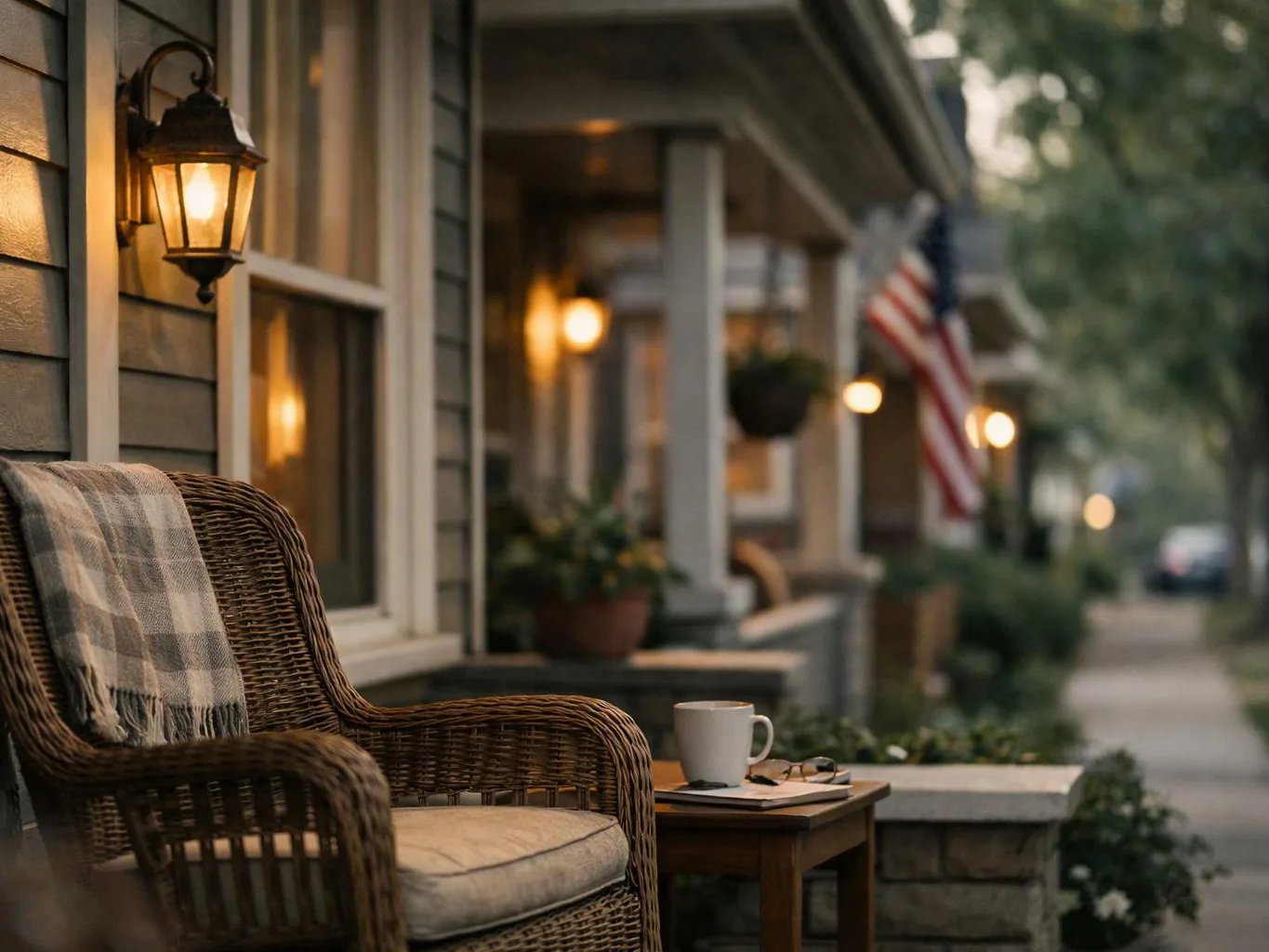 A wicker chair with a plaid throw sits beside a lit porch lamp and a mug on a small table along a quiet sidewalk