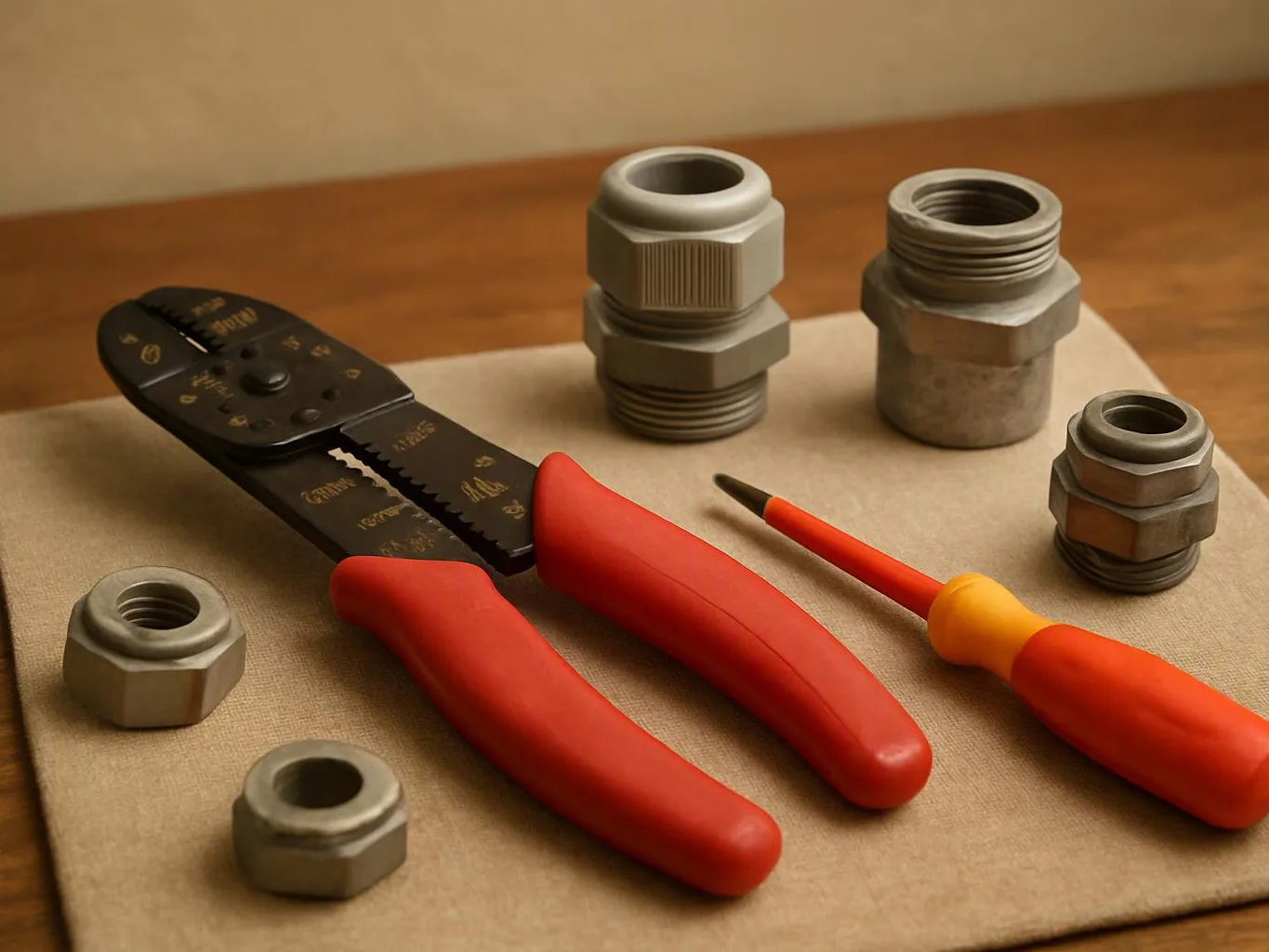 A wire stripper, screwdriver, and several metal nuts rest on a beige mat beside a wooden table