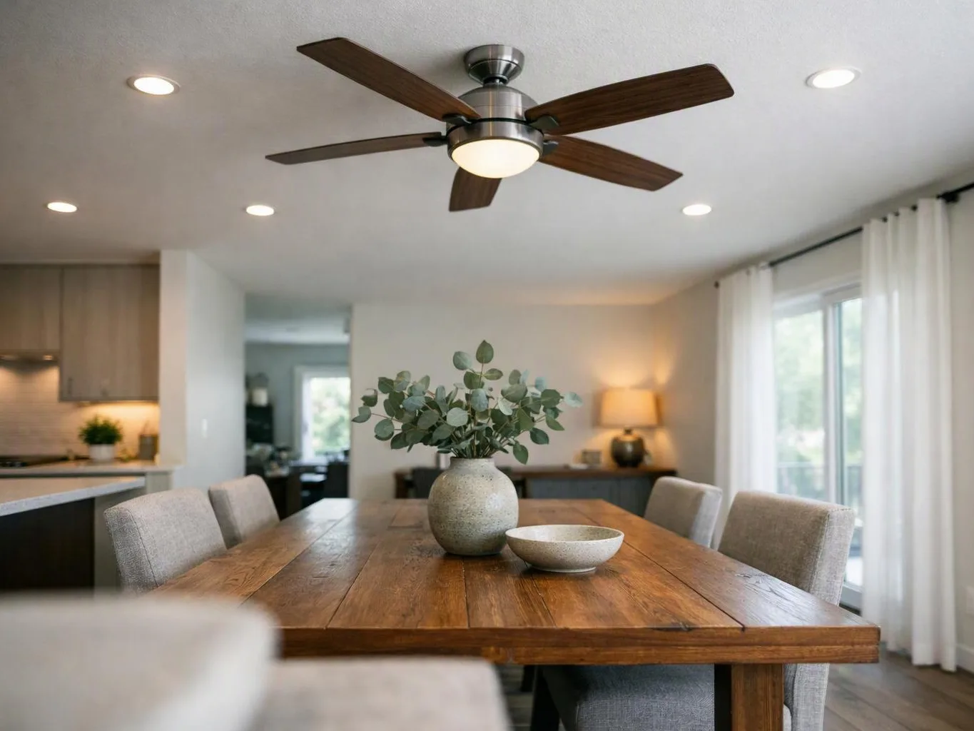 A wooden dining table with chairs sits under a ceiling fan in a bright modern room