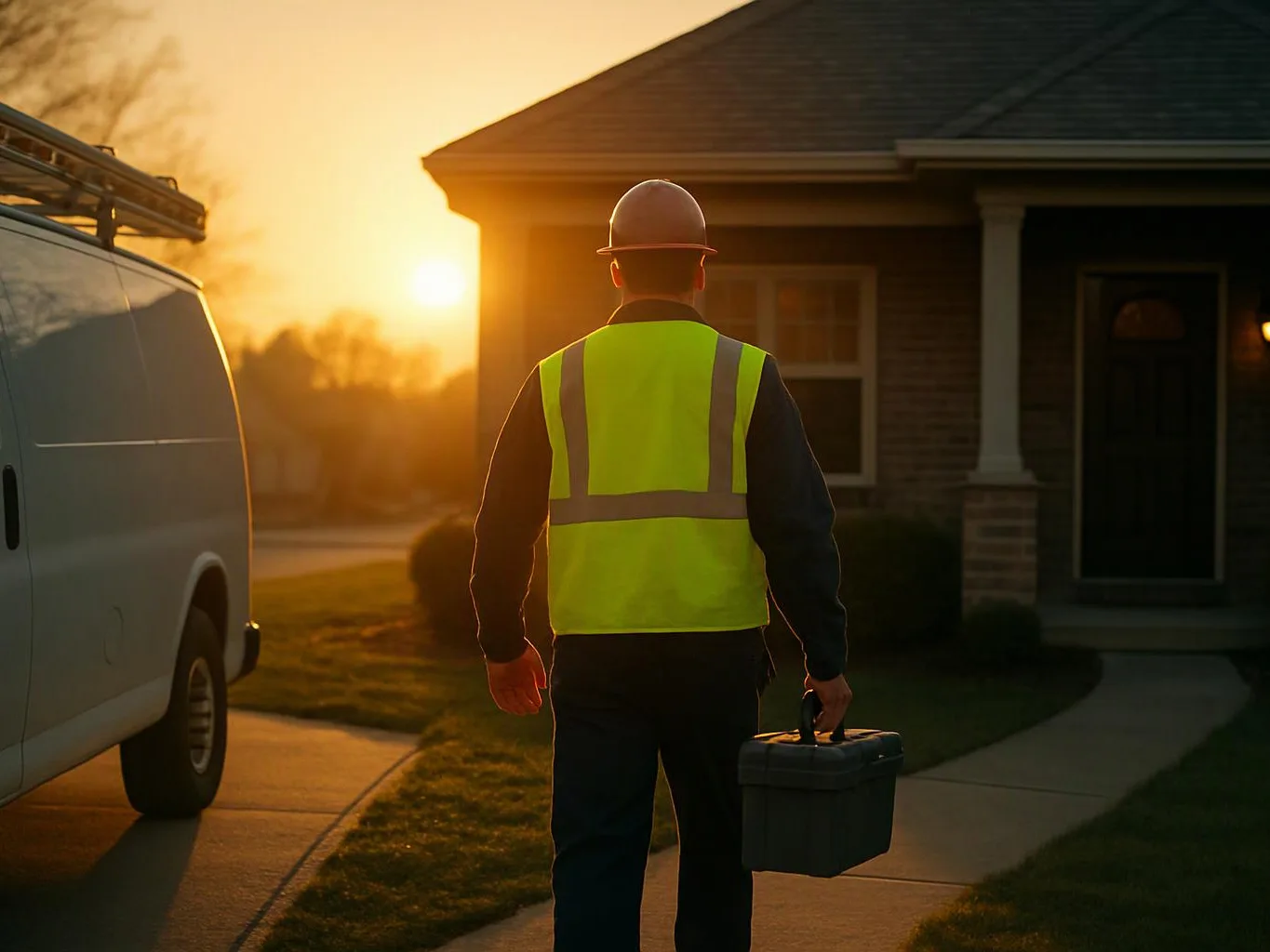 A worker in a hard hat and safety vest walks toward a house at sunset carrying a toolbox