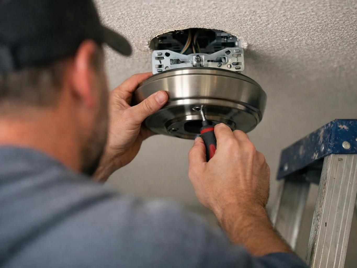 A worker installs a ceiling light fixture with a screwdriver beside a ladder