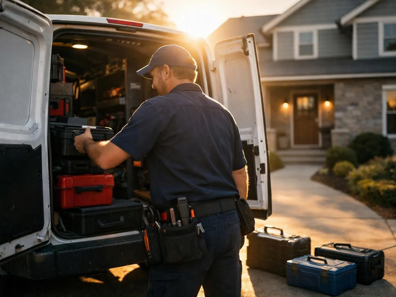 A worker loads tool cases from a van parked in front of a house at sunset