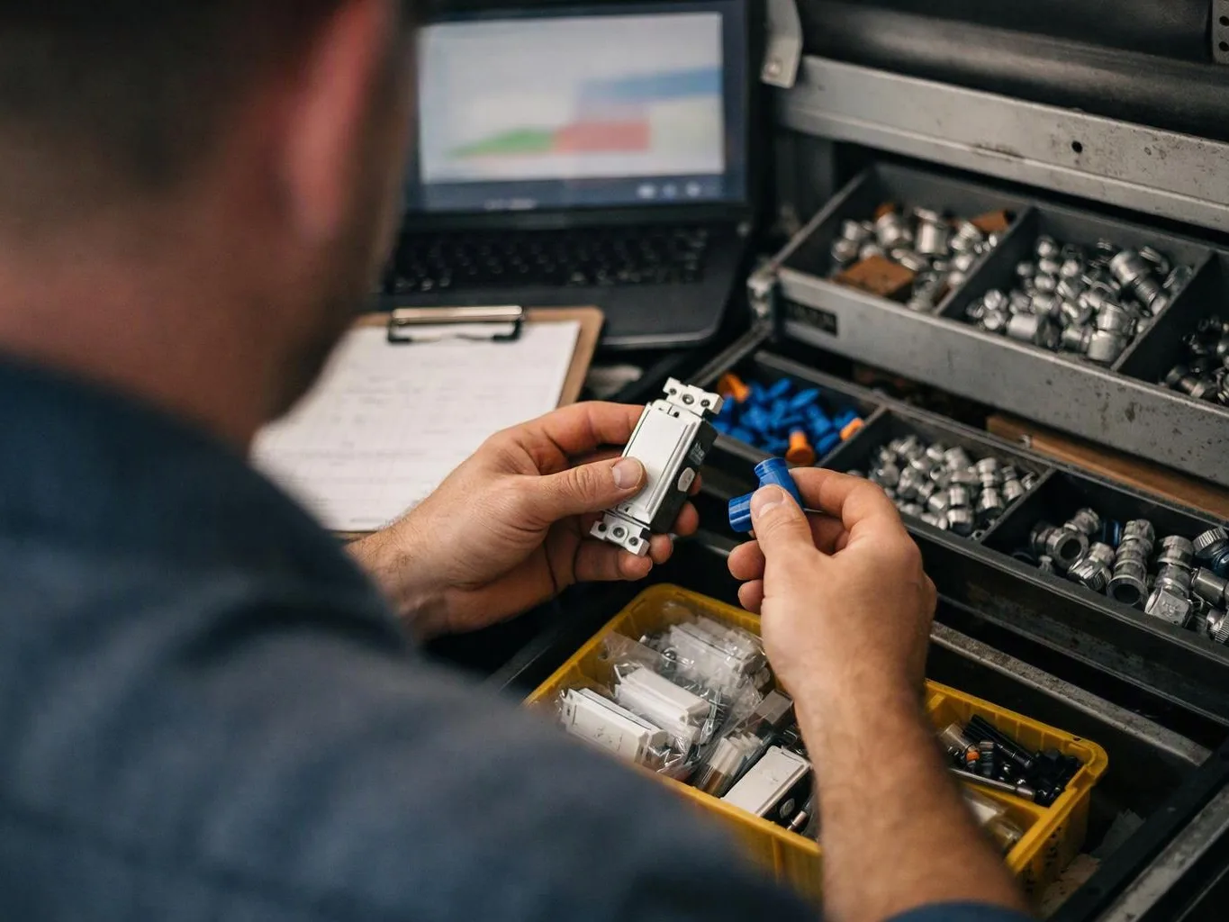 A worker sorts small metal and plastic parts beside a laptop and clipboard at a cluttered bench