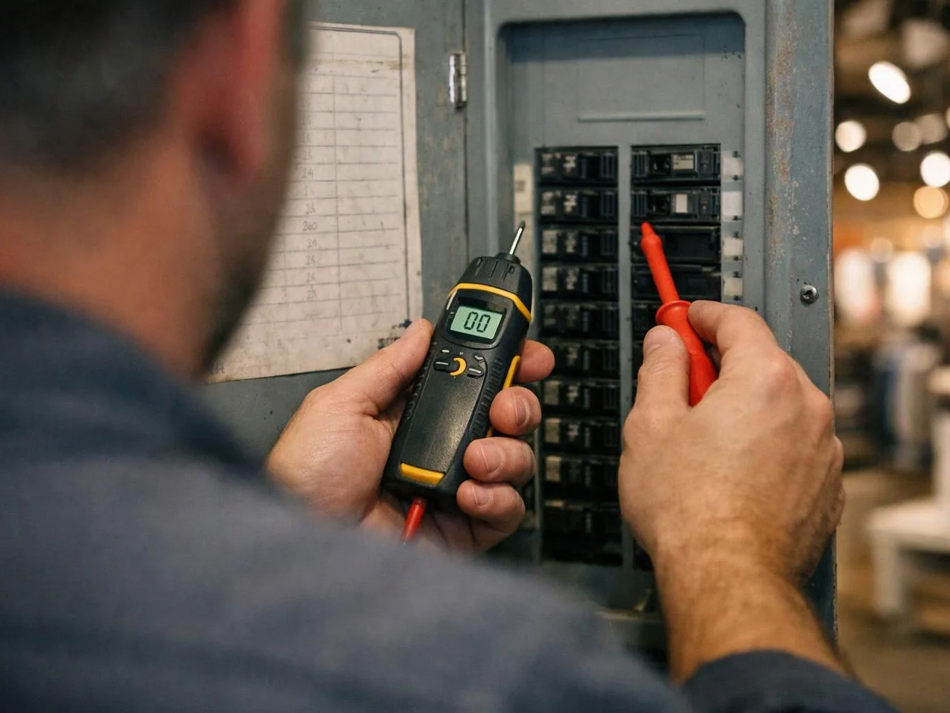 A worker tests an open electrical panel with a digital meter and red probe in a workshop