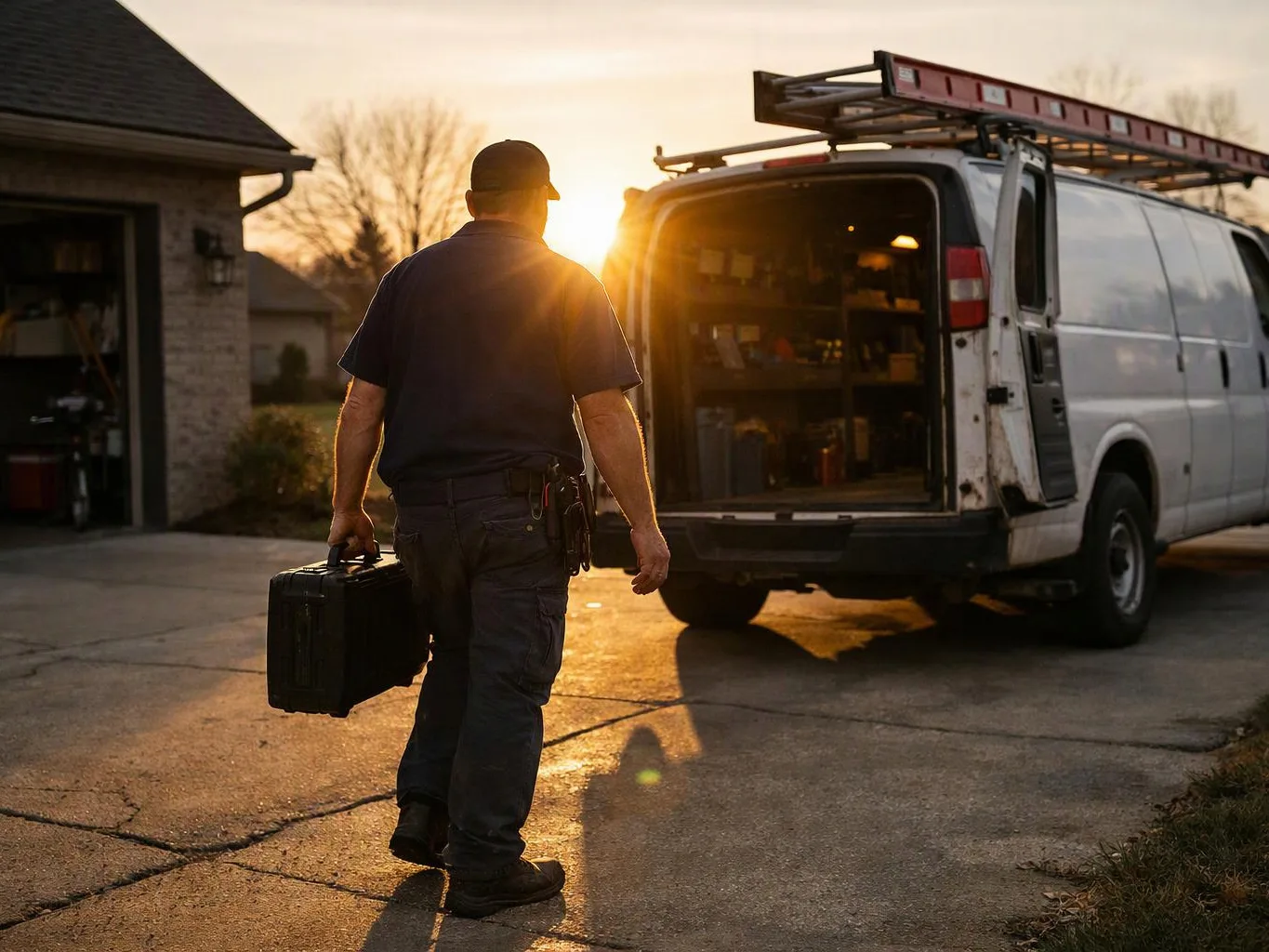 A worker walks toward a white van at sunset, carrying a black toolbox on a driveway