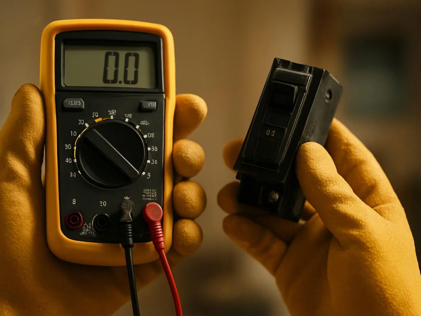 Yellow-gloved hands hold a digital multimeter and a black circuit breaker against a blurred indoor background